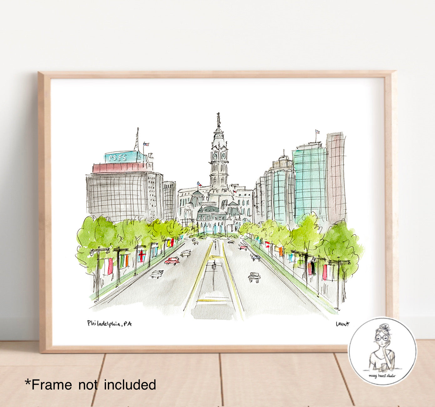 Philadelphia, PA - City Hall & Benjamin Franklin Parkway. Watercolor and Ink Print