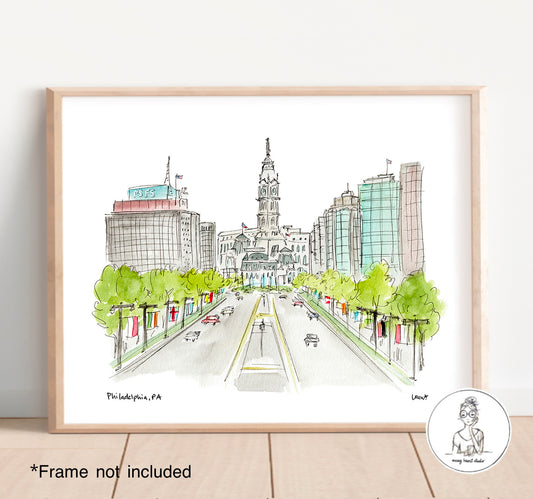 Philadelphia, PA - City Hall & Benjamin Franklin Parkway. Watercolor and Ink Print