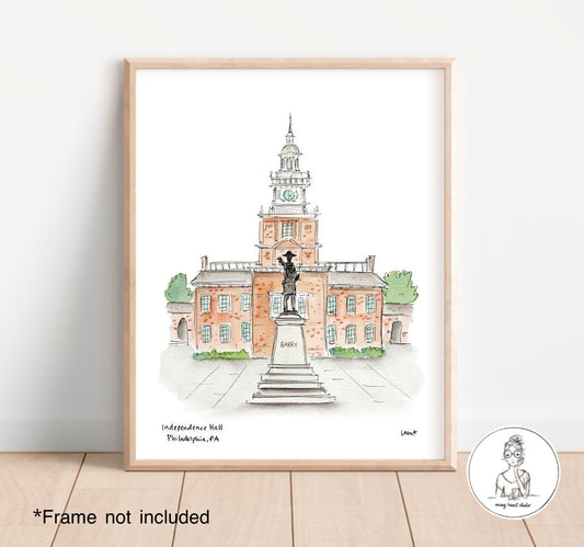 Philadelphia, PA - Independence Hall. Watercolor and Ink Print