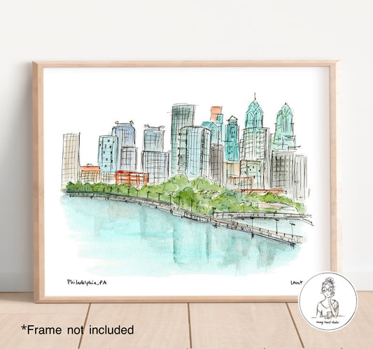 Philadelphia, PA - Skyline. Watercolor and Ink Print