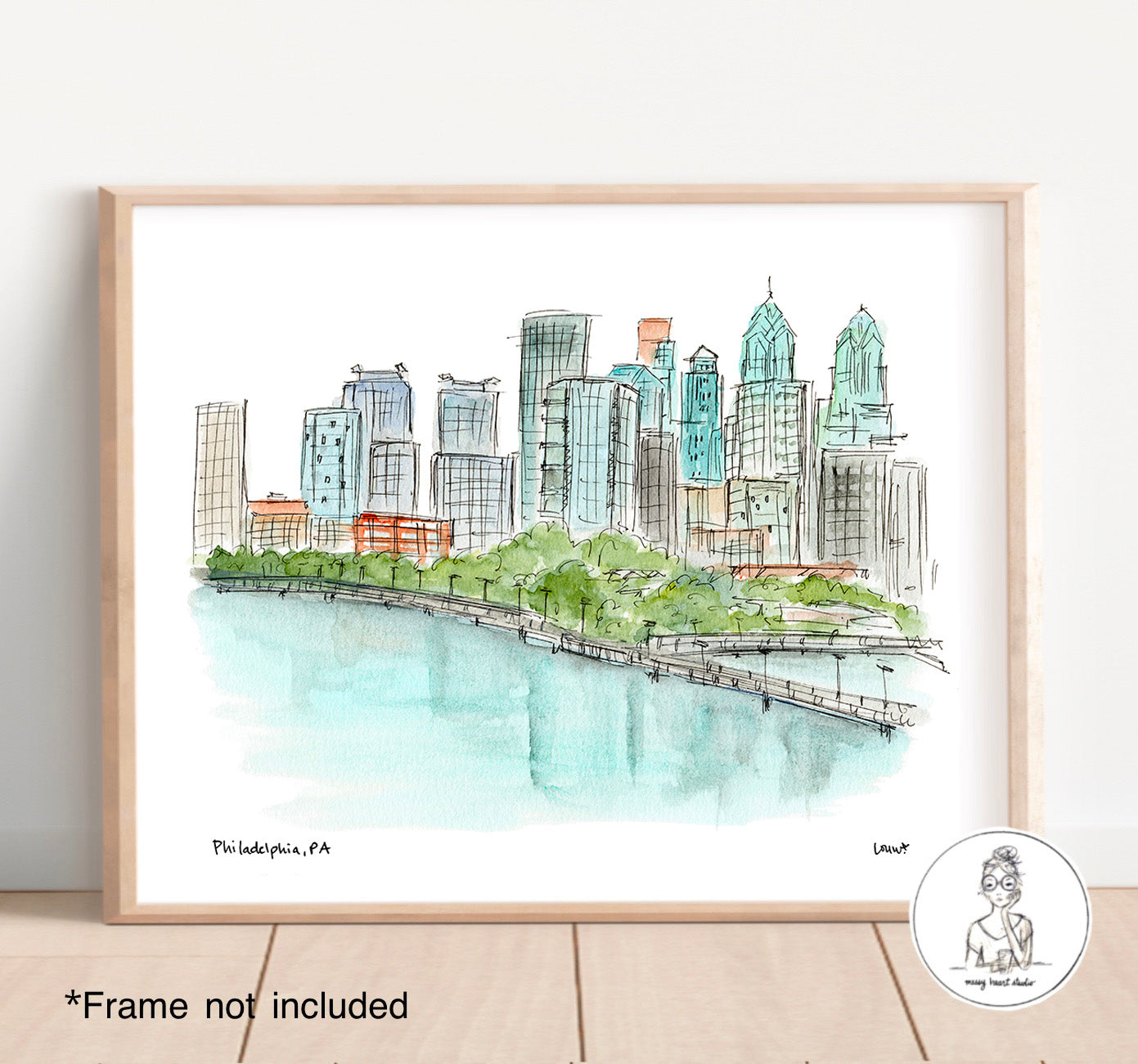 Philadelphia, PA - Skyline. Watercolor and Ink Print