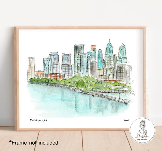 Philadelphia, PA - Skyline. Watercolor and Ink Print