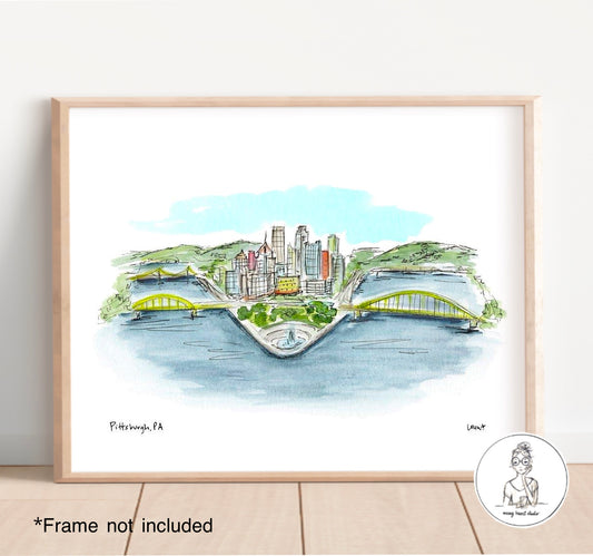 Pittsburgh, PA - Skyline. Watercolor and Ink Print