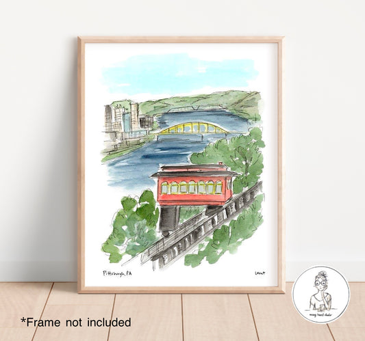 Pittsburgh, PA - Duquesne Incline. Watercolor and Ink Print