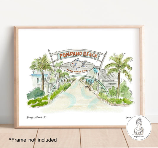 Pompano Beach, FL - Fisher Family Pier. Watercolor and Ink Print