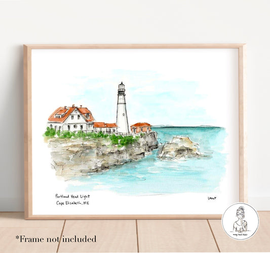 Cape Elizabeth, ME - Portland Head Lighthouse. Watercolor and Ink Print