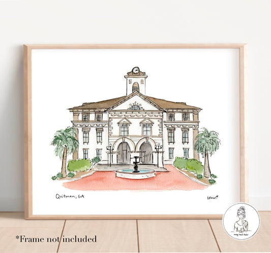 Quitman, GA - Courthouse. Watercolor and Ink Print