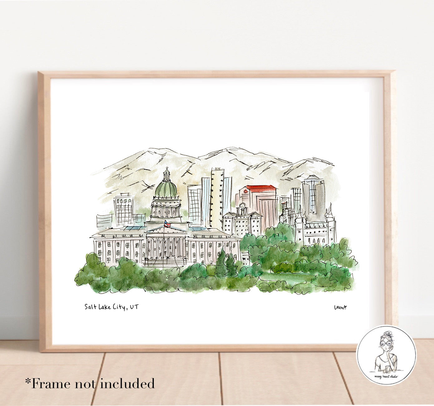 Salt Lake City, UT - Skyline. Watercolor and Ink Print