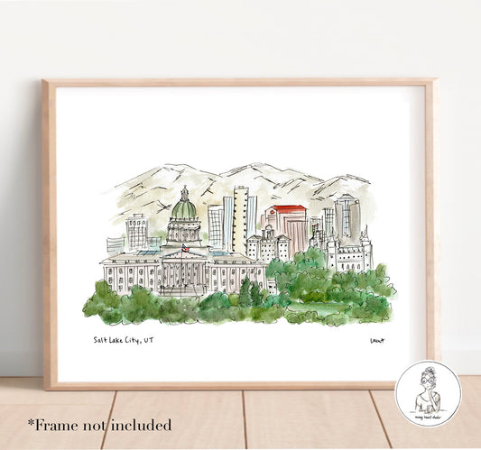 Salt Lake City, UT - Skyline. Watercolor and Ink Print