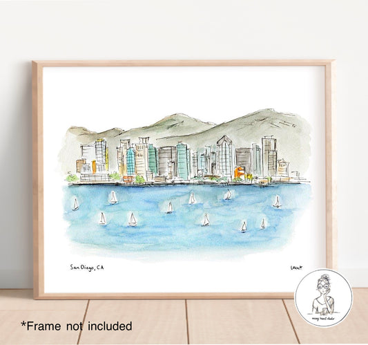 San Diego, CA - Skyline with Sailboats. Watercolor and Ink Print