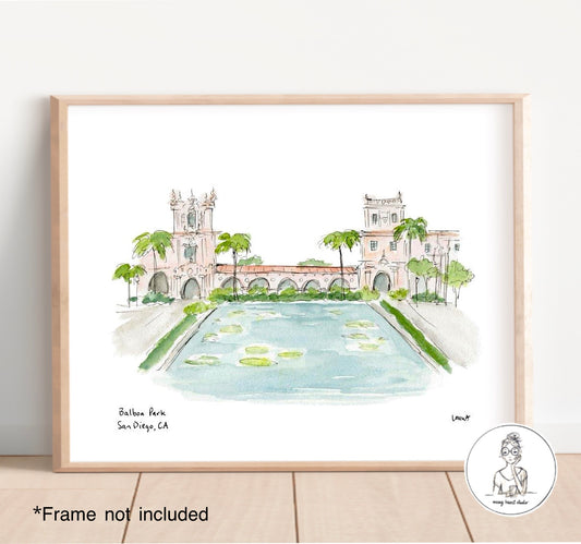 San Diego, CA - Balboa Park, Lily Pond. Watercolor and Ink Print