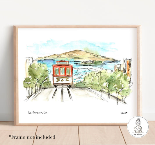 San Francisco, CA - Cable Car. Watercolor and Ink Print