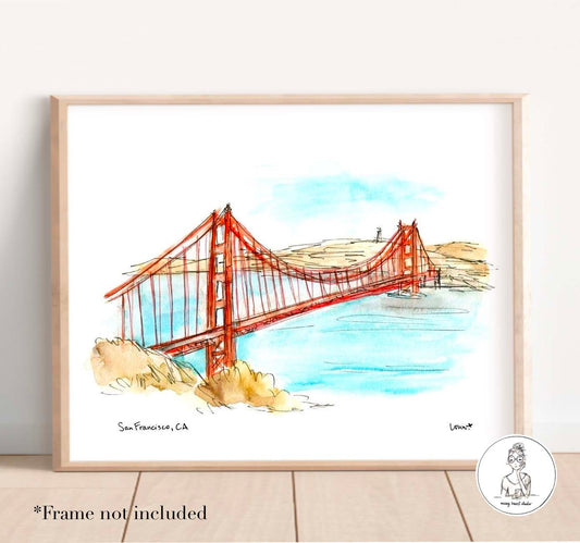 San Francisco, CA - Golden Gate Bridge. Watercolor and Ink Print