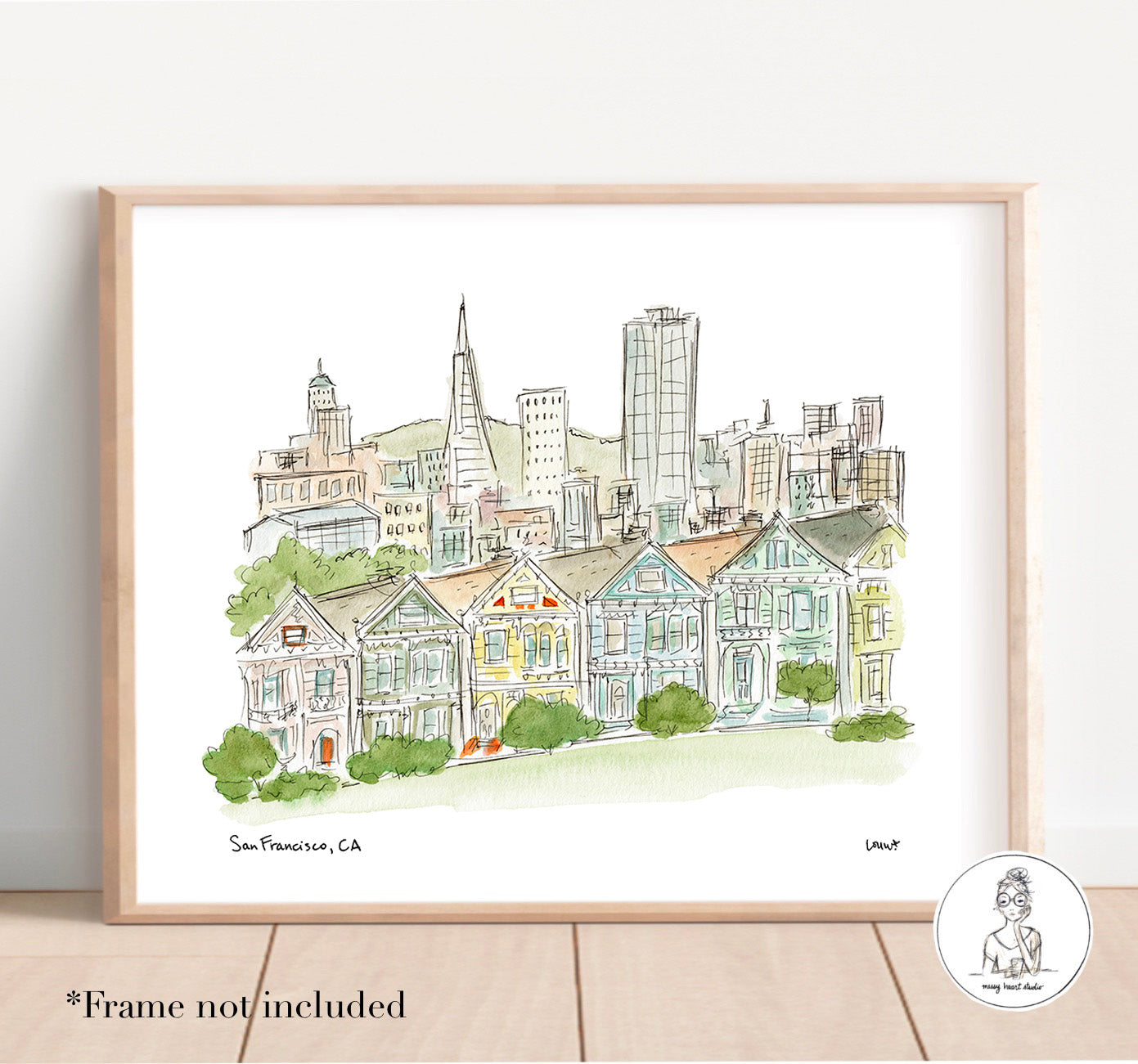 San Francisco, CA - Skyline. Watercolor and Ink Print