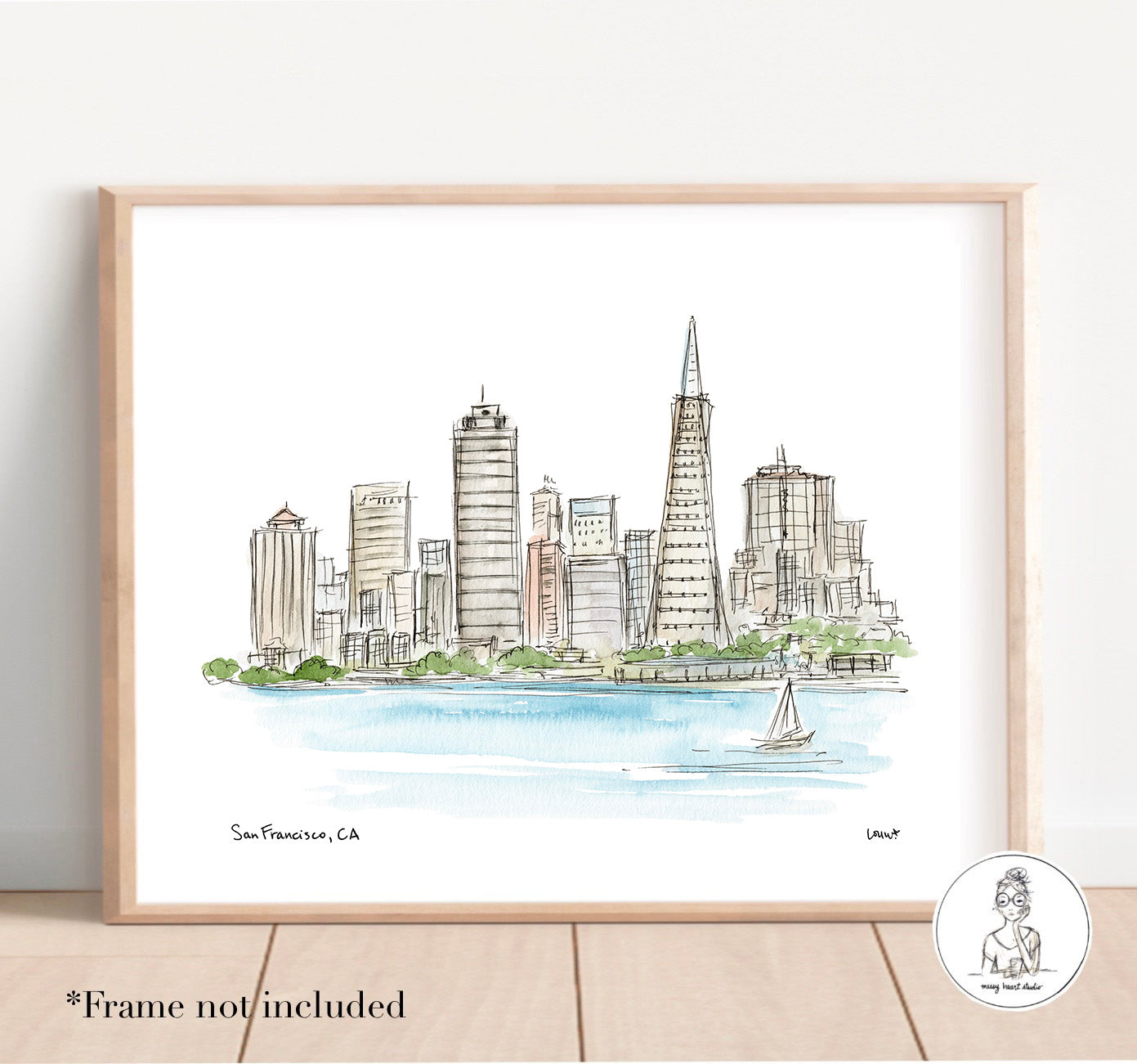 San Francisco, CA - Waterfront Skyline. Watercolor and ink Print