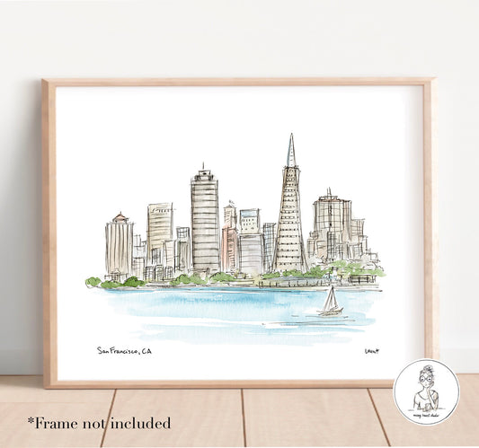 San Francisco, CA - Waterfront Skyline. Watercolor and ink Print