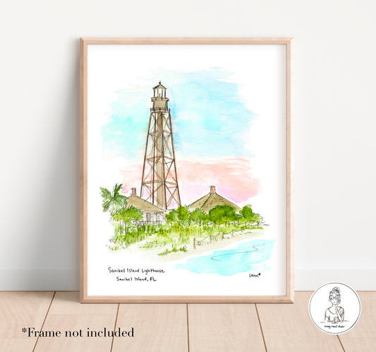 Sanibel Island, FL - Lighthouse. Watercolor and Ink Print