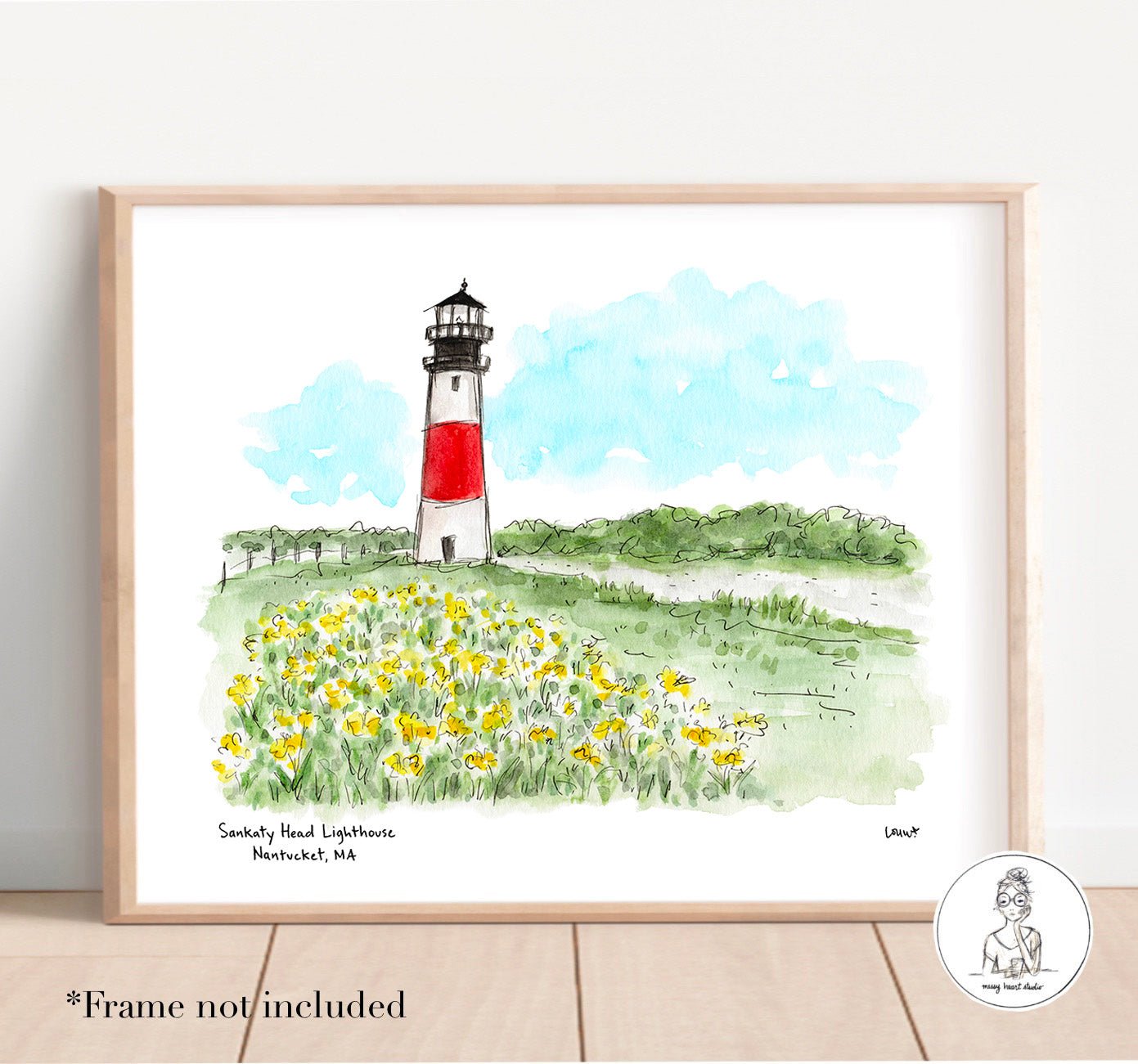 Nantucket, MA - Sankaty Head Lighthouse. Watercolor and ink Print