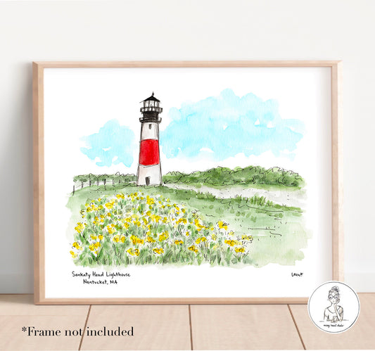 Nantucket, MA - Sankaty Head Lighthouse. Watercolor and ink Print