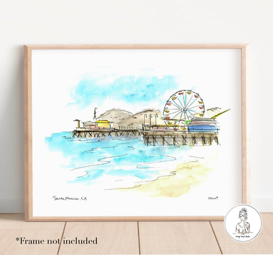 Santa Monica, CA - Pier. Watercolor and Ink Print