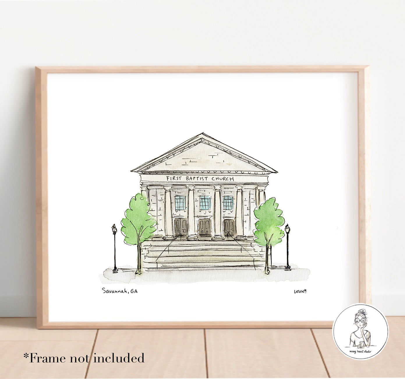 Savannah, GA - First Baptist Church. Watercolor and Ink Print