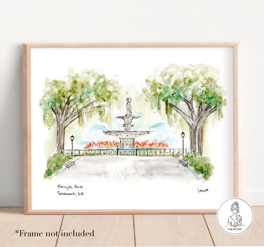 Savannah, GA - Forsyth Park. Watercolor and Ink Print