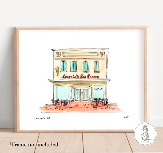 Savannah, GA - Ice Cream Shop. Watercolor and Ink Print