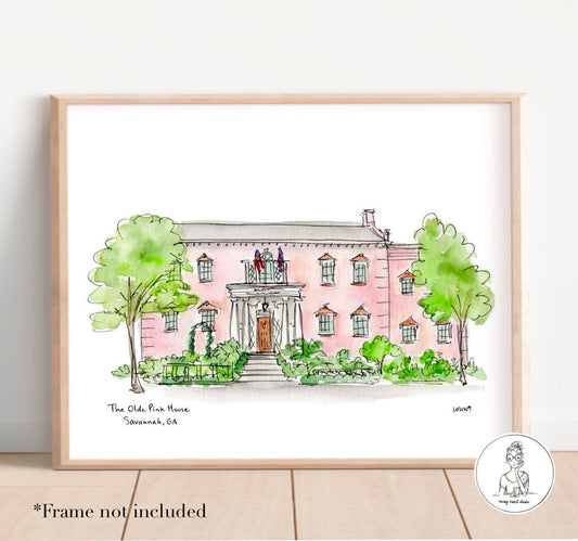 Savannah, GA - Olde Pink House. Watercolor and Ink Print