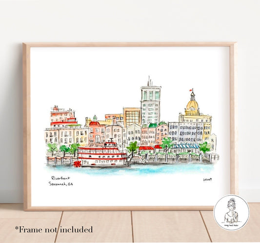 Savannah, GA - Riverfront. Watercolor and Ink Print