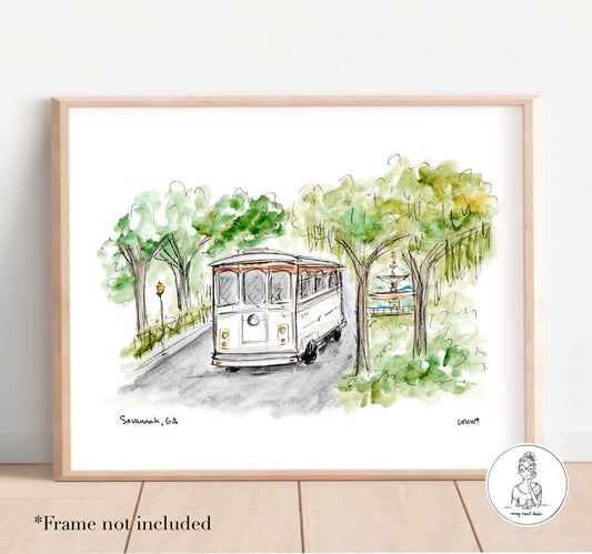 Savannah, GA - Trolley. Watercolor and Ink Print