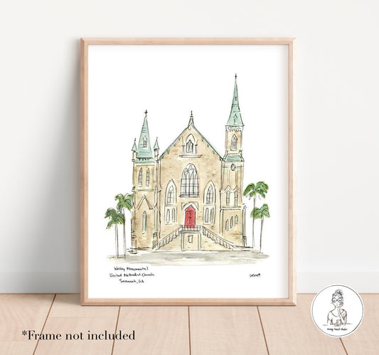 Savannah, GA - Wesley Monumental Church. Watercolor and Ink Print