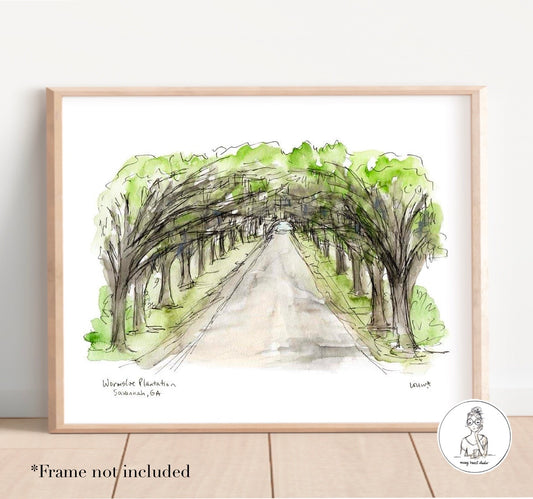 Savannah, GA - Wormsloe Plantation. Watercolor and Ink Print