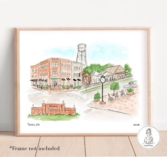 Senoia, GA - Watercolor and Ink Print