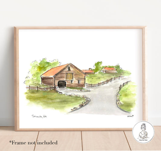 Serenbe, GA - Farm. Watercolor and Ink Print