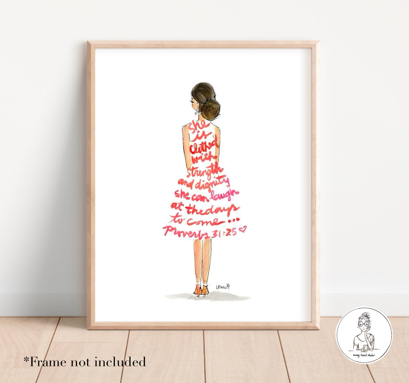 Proverbs 31 Girl - Brown Hair, Red Dress. Watercolor and Ink Print