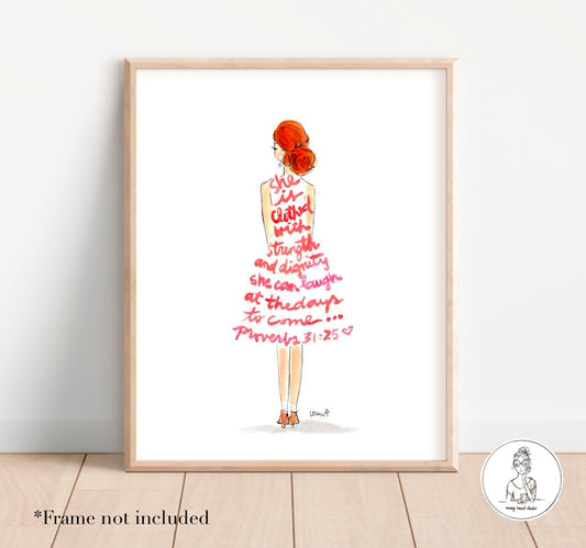 Proverbs 31 Girl - Red Hair, Red Dress. Watercolor and Ink Print