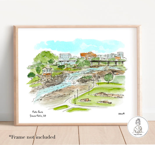 Sioux Falls, SD - Falls Park. Watercolor and Ink Print