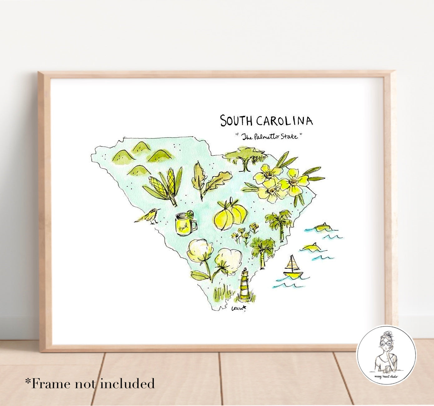 South Carolina State Map. Watercolor and Ink Print