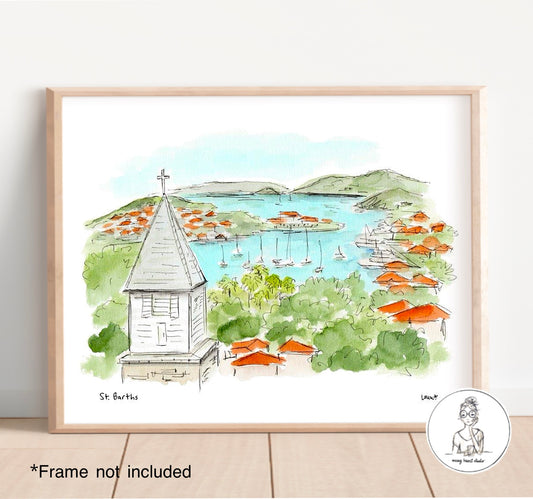 St. Barts - Gustavia. Watercolor and Ink Print
