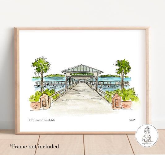 St. Simons Island, GA - Pier. Watercolor and Ink Print