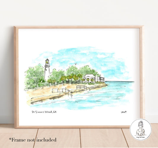 St. Simons Island, GA - Lighthouse. Watercolor and Ink Print