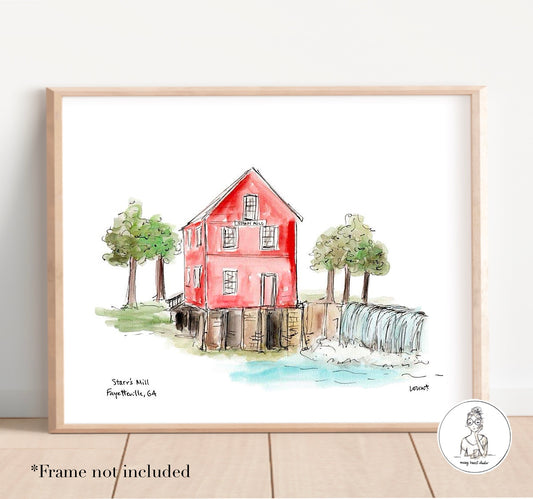 Fayetteville, GA - Starr's Mill. Watercolor and Ink Print