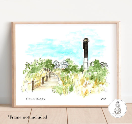 Sullivan's Island, SC - Lighthouse. Watercolor and Ink Print