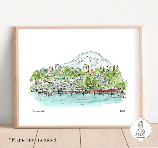 Tacoma, WA - Skyline. Watercolor and Ink Print