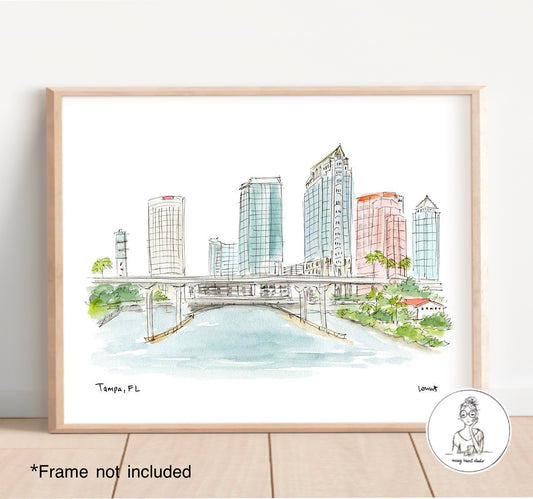 Tampa, FL - Skyline. Watercolor and Ink Print
