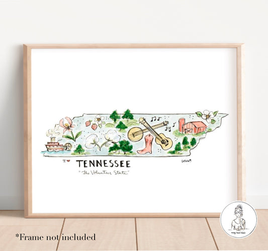 Tennessee State Map. Watercolor and Ink Print