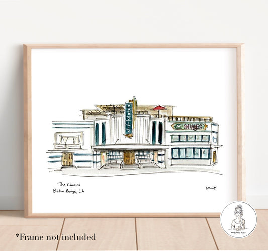 Baton Rouge, LA - The Chimes Restaurant. Watercolor and Ink Print