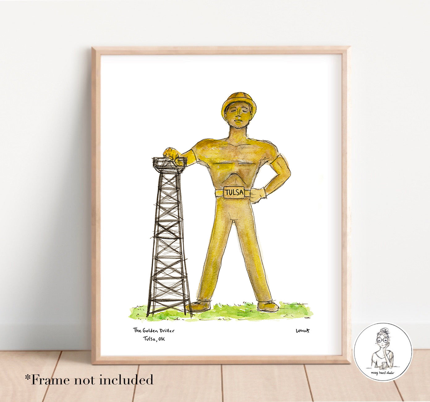 Tulsa, OK - Golden Driller. Watercolor and Ink Print