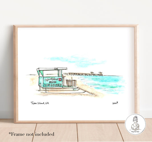 Tybee Island, GA - Lifeguard Stand. Watercolor and Ink Print