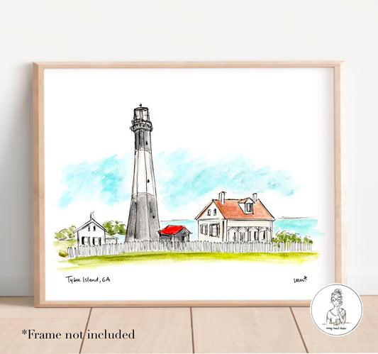 Tybee Island, GA - Lighthouse. Watercolor and Ink Print